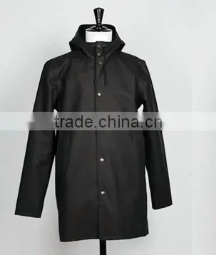 Waterproof PU Men Fashion Plastic Hooded Rain Jacket