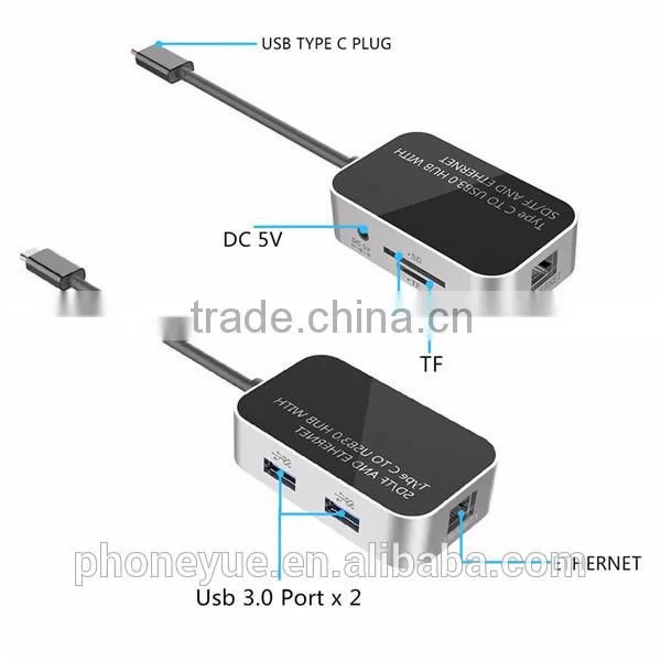 usb type c adapter to 2 Port USB 3.0 Hub & Ethernet Port & TF SD Card Slot