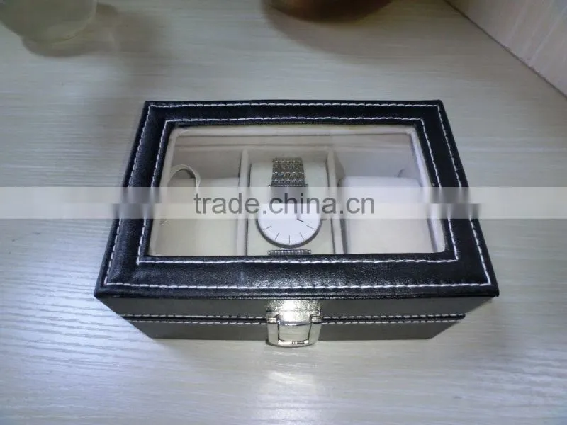 luxury black leather shadow window lid watch box gift box lint lock front black jewelry leather box