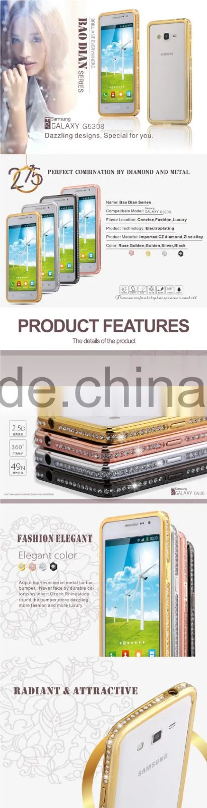 Newest Design Hot Selling Diamond Metal Bumper Phone Case for Samsung G530