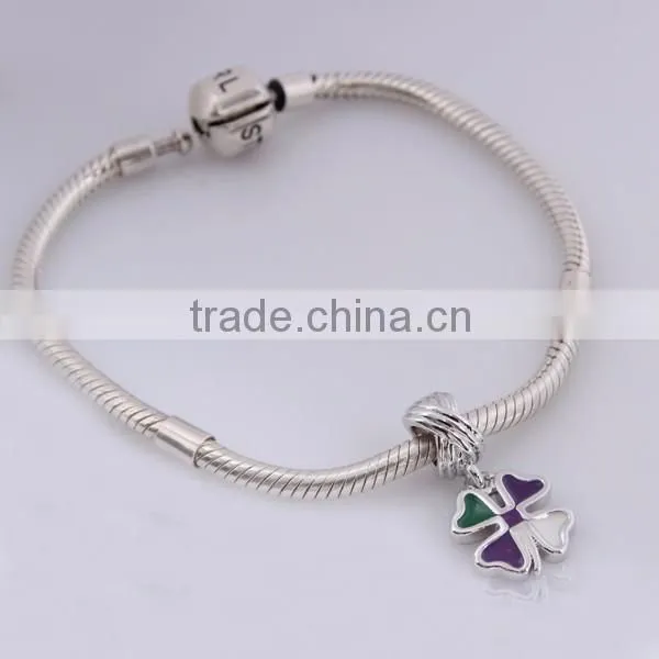 925 Sterling Silver Four Leaf Clover Enamel European Charm Beads
