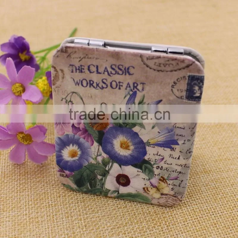 Delicate PU mirror pocket/flowers leather pocket mirror/ cute cosmetic mirror custom