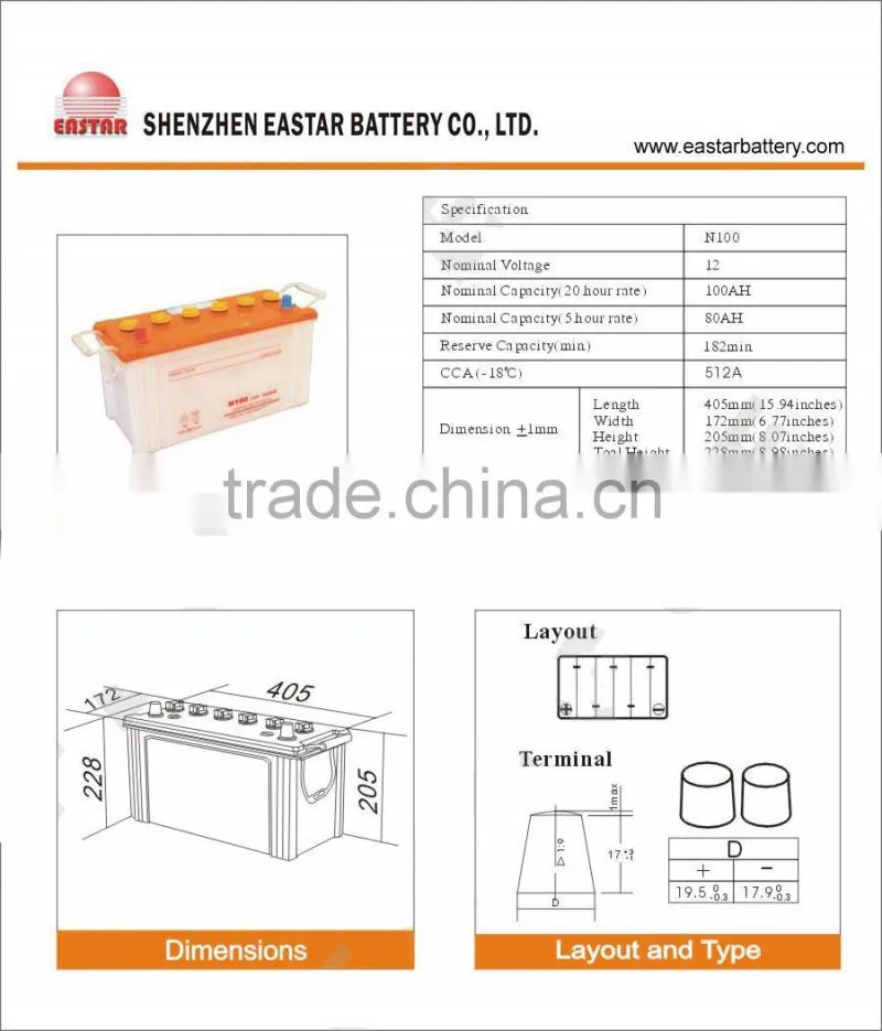 JIS Standard N100 12V 100AH Dry Charged car Battery wholesale