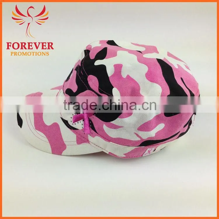 Chinese Supplier Pink Ribbon Embroidery Jean Camouflage Fabic Baseball Cap