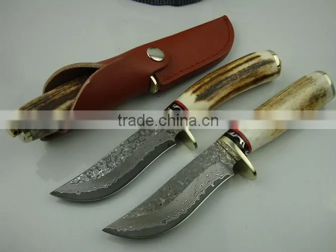 OEM damascus blade hunting knife with antlers handle