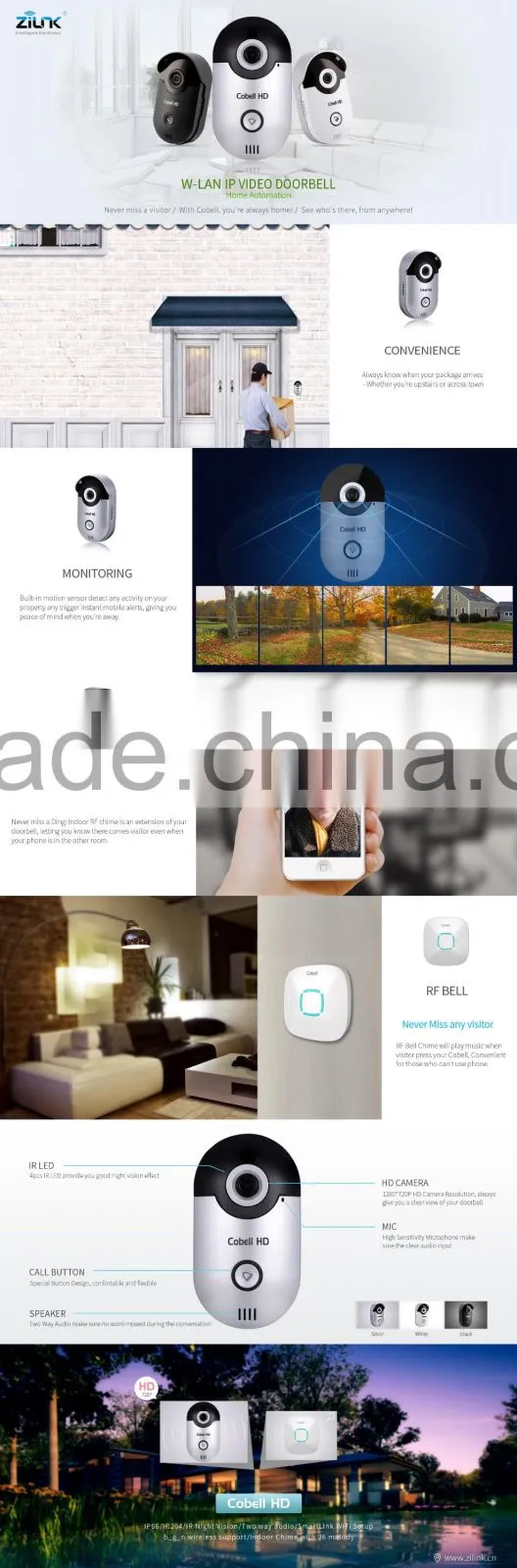 Easy Set Up Smart HD 720P waterproof wireless doorbell video intercom