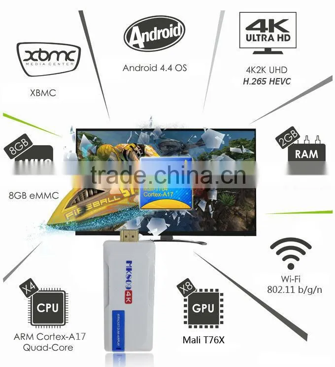 Wholesale Android smart TV box Quad Core 2GB 8GB MK809 4K RK3288 TV box