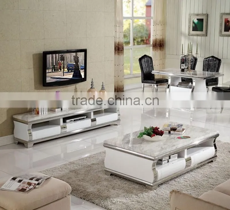 European high gloss face stainless steel frame coffee table set with marble top white