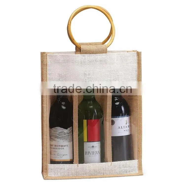 Clear jute bag with window/small jute wine bag with cotton material handle
