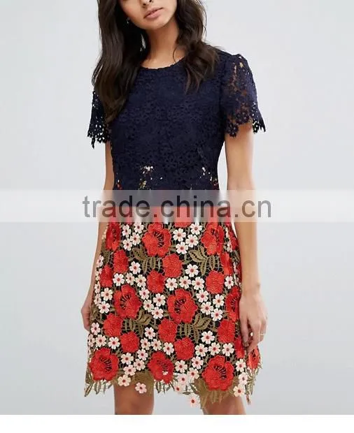 Beautiful Lace Dress Christmas Crocheted High Waist Short Sleeve Women Dress Fashion Party Club Short Dress