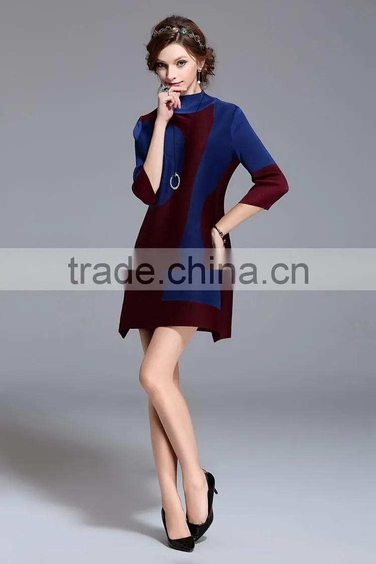 Women creased 3/4 sleeve printing high elastic dresses wholesale