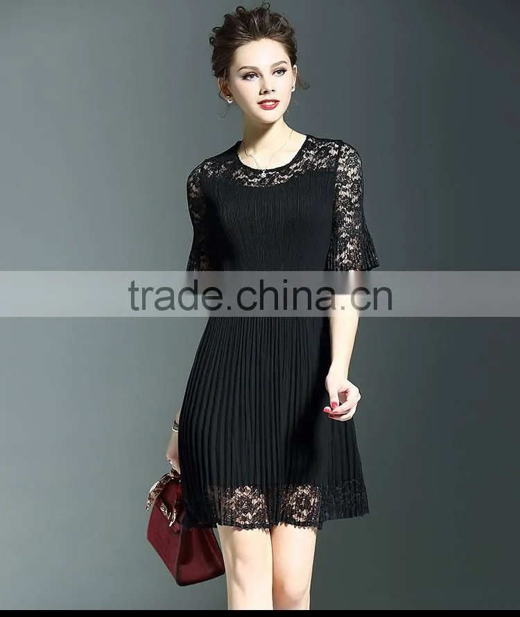 Polyester ladies lace splicing ruffled slimming dresses for party