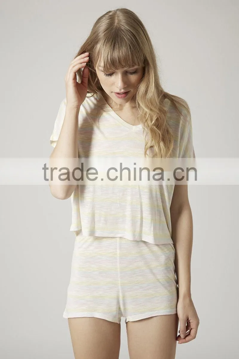 beige Striped Tee and Shorts Set women pajamas