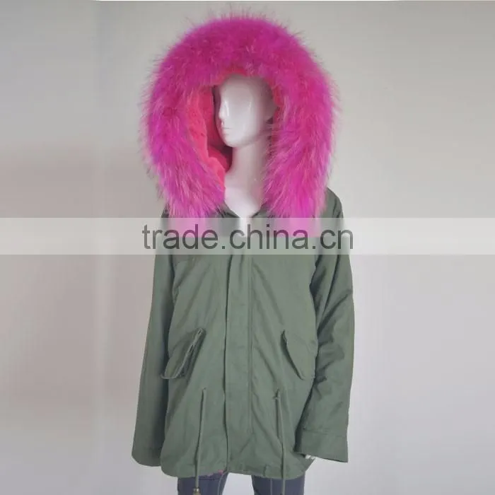Myfur Long Parka with Rose Hot Pink Raccoon Fur Hood For Ladies