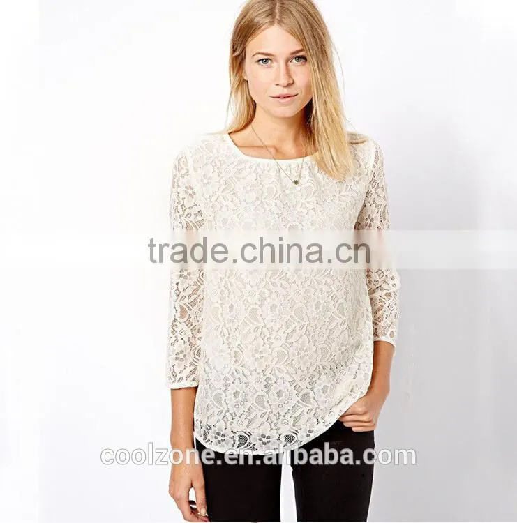 Elegant white basic woman blouse fashion sheer crochet lace blouse 2015