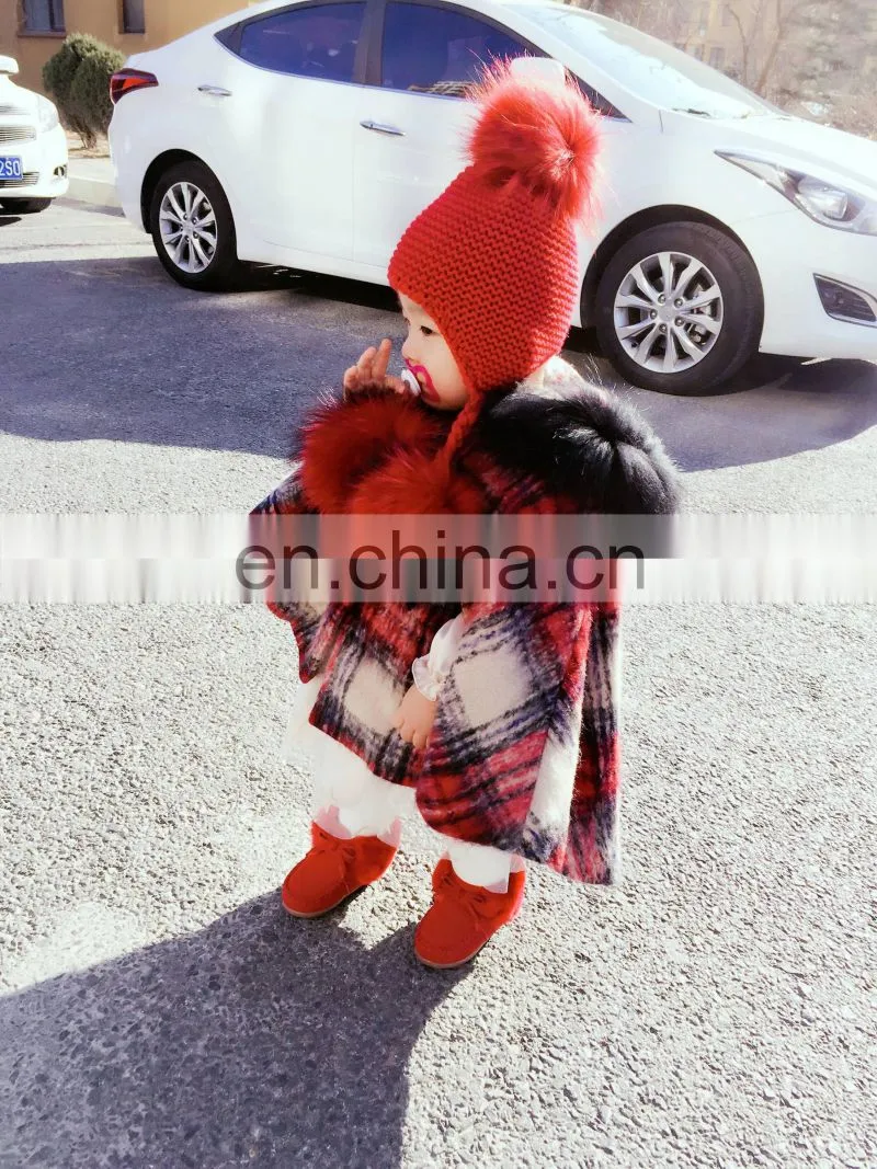 Kids Winter Knitted Hats Children Three Fur Pom Poms Hat Baby Hat With Hair