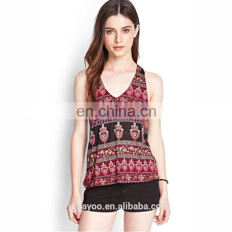 100% Rayon Flower Printed Crossback Knit Keyhole Tank Top Women