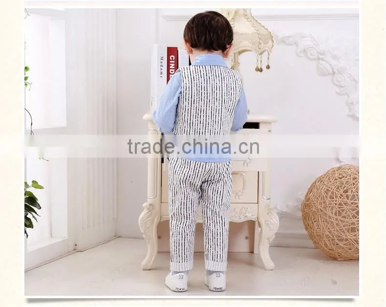 2016 Wholesale New arrival British gray Striped vest three-piece baby boy set plaid shirt with tie baby boy clothes suit