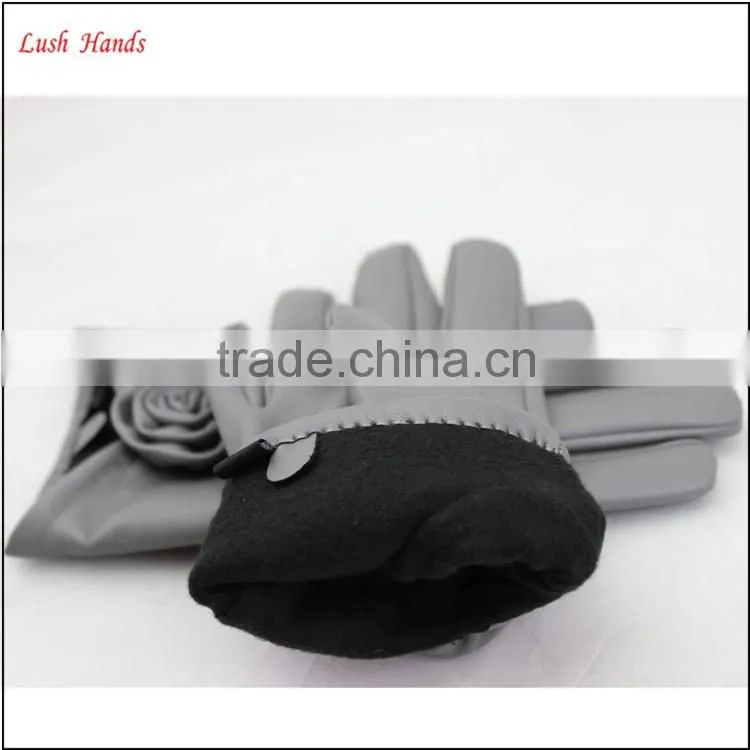 ladies wholesale cheap PU leather hand gloves grey with roses