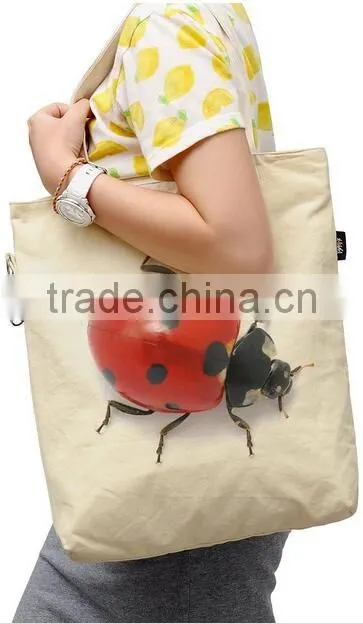 Women Fashion 3D Ladybug Printed Durable Canvas Tote Bag