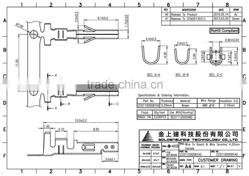 Pitch 4.2mm Wire to Wire Connector Terminal Female Pitch 4.2mm