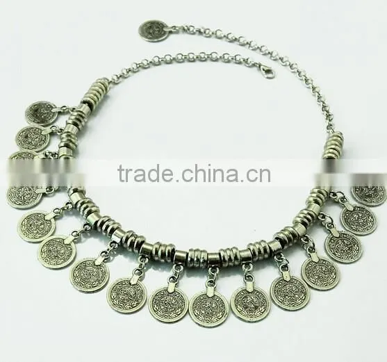 Chunky Punk Tribal Retro Antique Silver Coins Plated Alloy Bib Choker Necklace