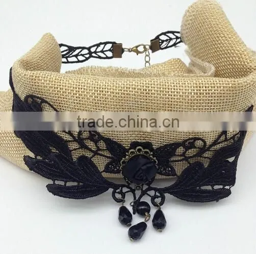 Handmade Flower Drop Pendant Black Lace Choker Necklace Goth Vintage