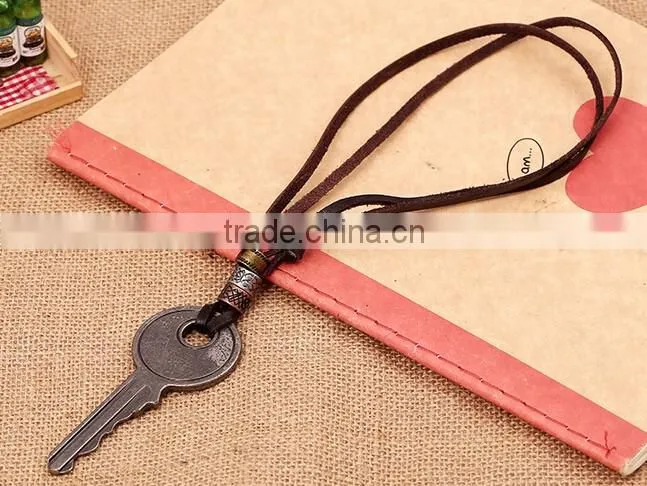 Rock Mens Retro big Alloy key Pendant Leather Necklace jewelry key Leather Necklace