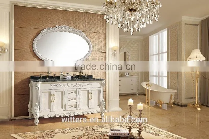 Tall bathroom vanity with oval bathroom in soft white european style cabinets WTS837