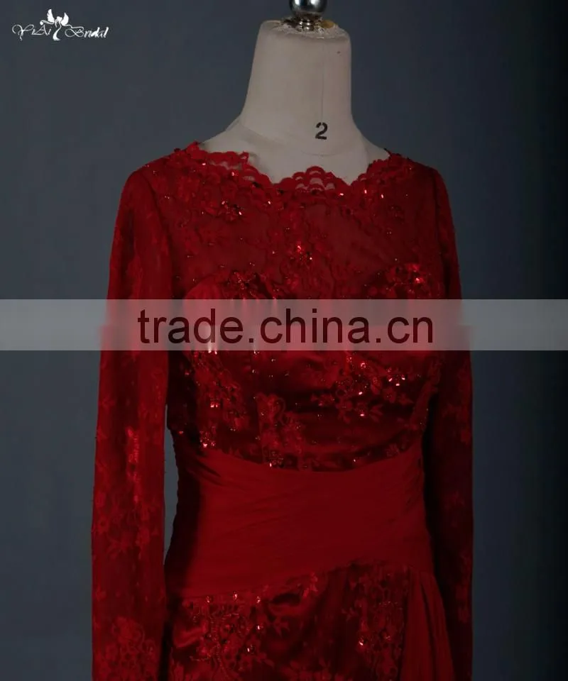 RSE665 Sexu Back Open Keyhole Long Sleeves Wine Red Arabic Patterns Of Lace Evening Dress