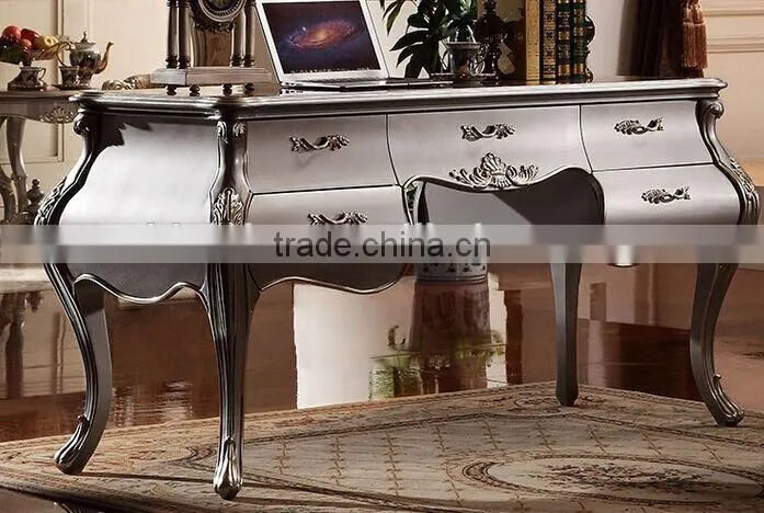 European Style Luxury Executive Office Desk, Classic Wood Carving Writing Table, Silver Foil Home Office Furniture (BF01-ML019)