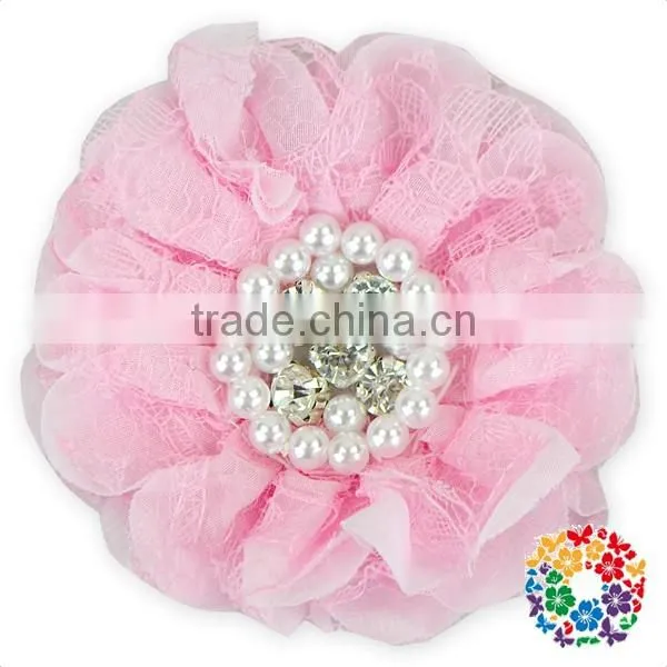 Red Chiffon Blossom Fabric Crystal Pearl Center Flowers