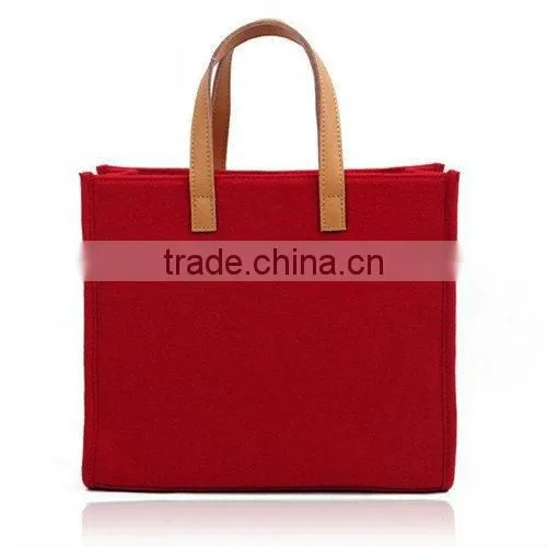 Simple Woolen Felt Tote Bag with Genuine Leather for Women (TM-FT009)