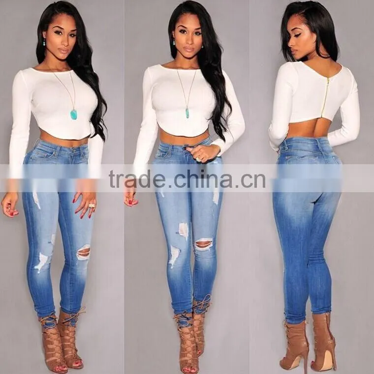 2015 New Fashion Crop Tops T shirt Long Sleeve Backless T shirt Blusas Back Zipper Blouse Woman Clothes Roupas Femininas