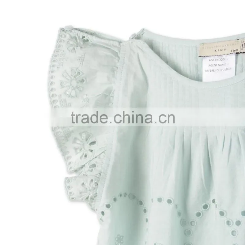 Latest Fancy Pretty Broderie Anglaise Blue Cotton Girls Top With Frilled Sleeves Kids Childerens Boutique Clothing HSd5108