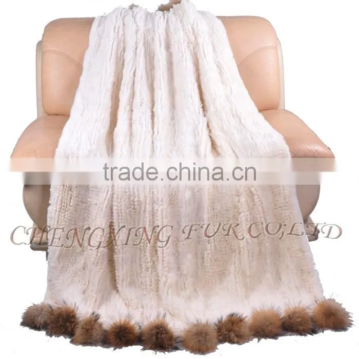 CX-D-108 Hand Knitted Super Cream Real Rex Rabbit Fur Throw Blanket