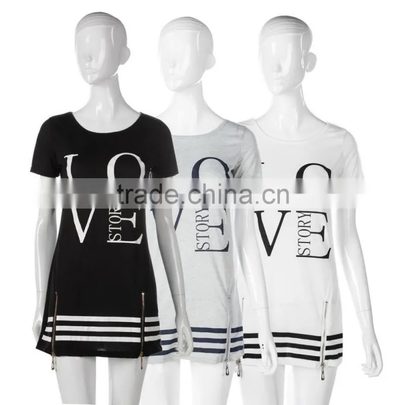 1PCS M-XL Women Love Letter Print O Neck Short Sleeve Zipper Long above Knee Straight Dress Summer Casual Dress Tops Blouse