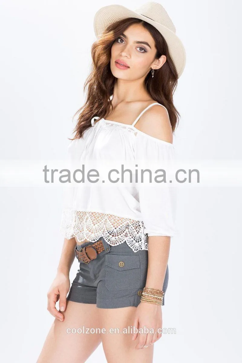 Fashion cold shoulder self tie crochet blouse top selling blouse products 2015