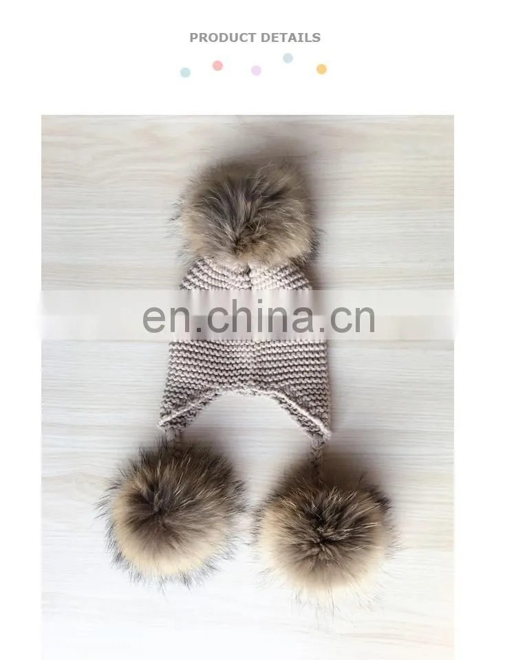 Kids Winter Knitted Hats Children Three Fur Pom Poms Hat Baby Hat With Hair