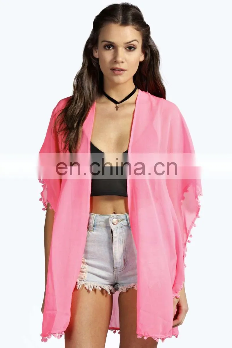 SOLID POM POM TRIM KIMONO Latest beach kimono soft polyester fabric embroidered kimono