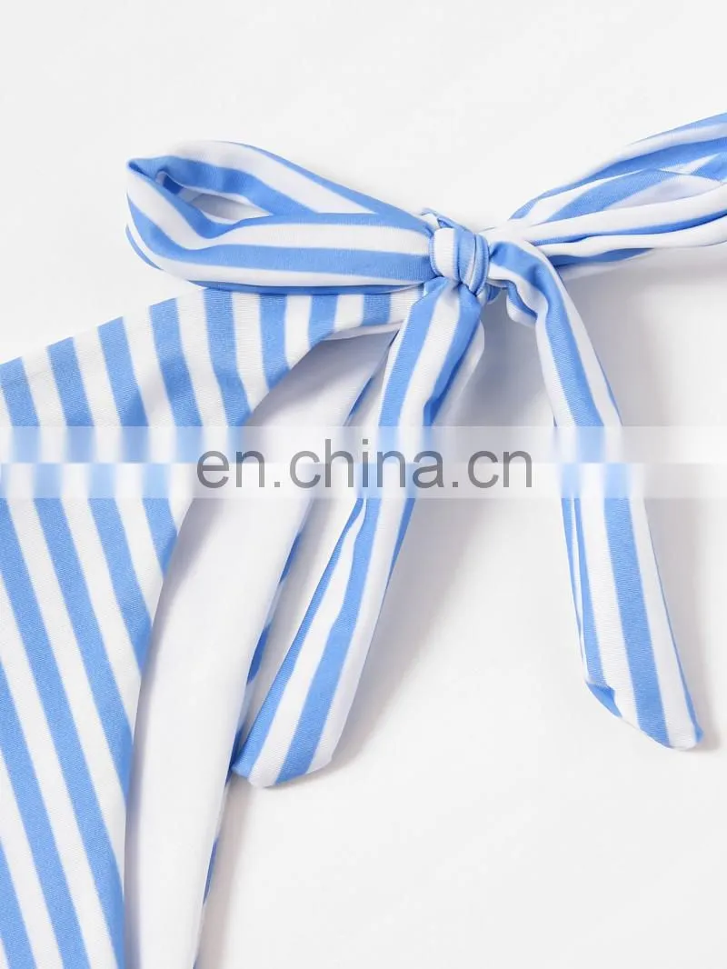 Tie Side One Shoulder Striped Bikini Set