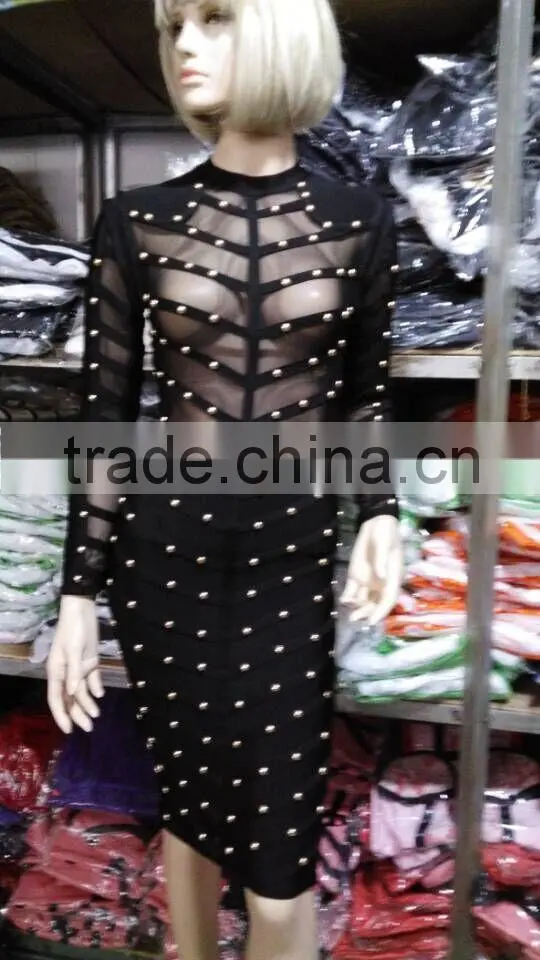 Summer dress army green black long sleeve mesh sey party women beading bandage Dress Bandage Bodycon Women Wearing