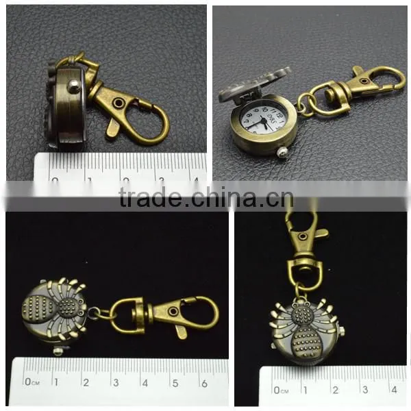custom key chain watch with retro metal bronzed chain spider pocket watch