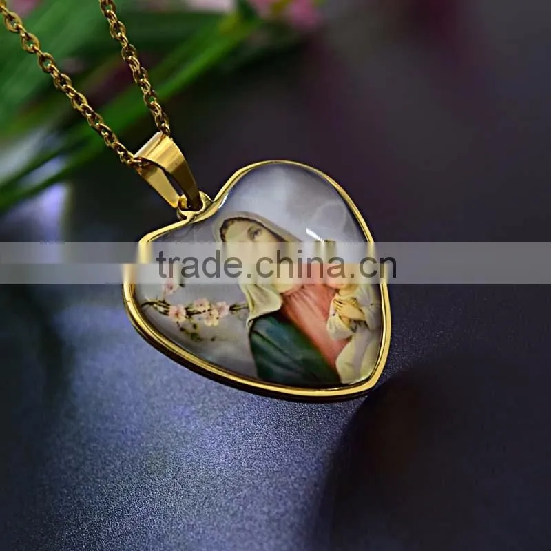 316l stainless steel jewelry pendant necklace heart shape Blessed Virgin Mary gold jewelry 18k