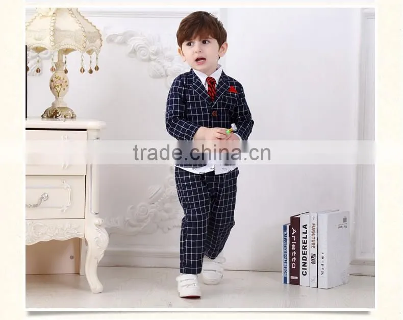 2016 spring and autumn handsome boys clothing set nevy blue plaid style 3 pieces sets baby boy clothes suit
