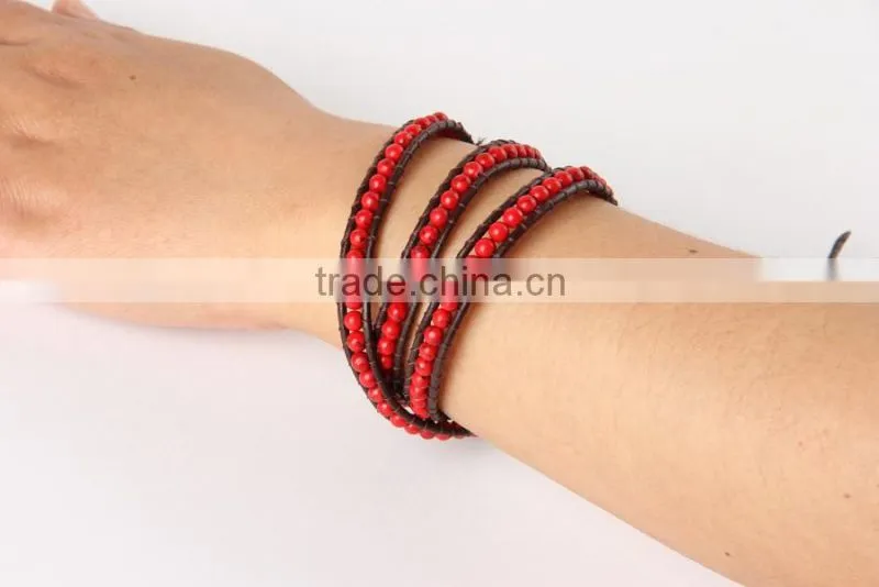 2016 New Super Quality Classical Red Natural Stones Beads 4 Wrap Leather Bracelets Trendy Lapis Lazuli Bracelets