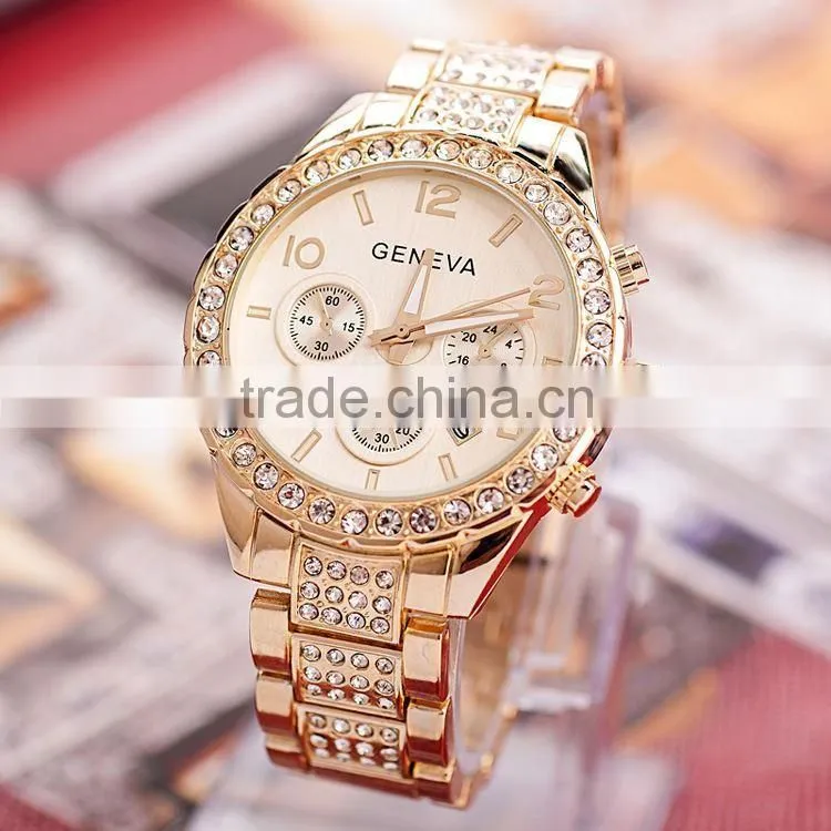 Diamond Geneva Watches Women Stainless Steel Quartz Watch Military Crystal Gold Watches relogio feminino montre femme
