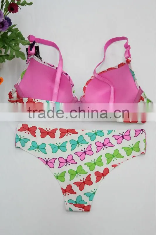 Butterfly Print Hot Sexy Bonded Bra Thong Set Seamless Underwear
