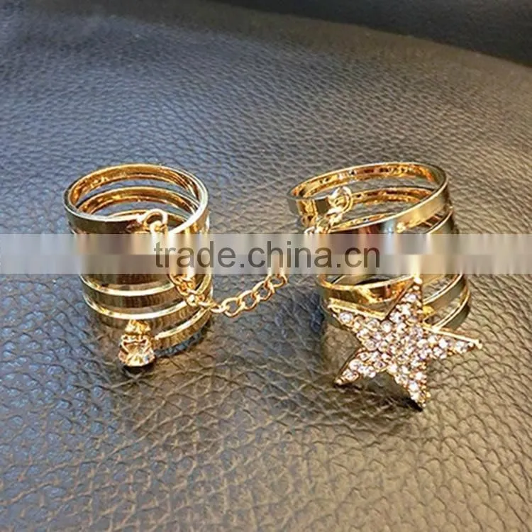 star double finger ring with chain, double finger chain ring