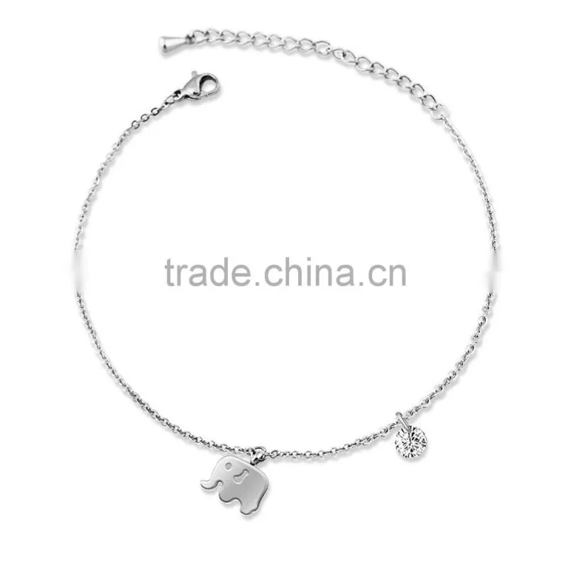Womens Stainless Steel Cute Elephant Cable Chain Anklet with Rhinestone Bead